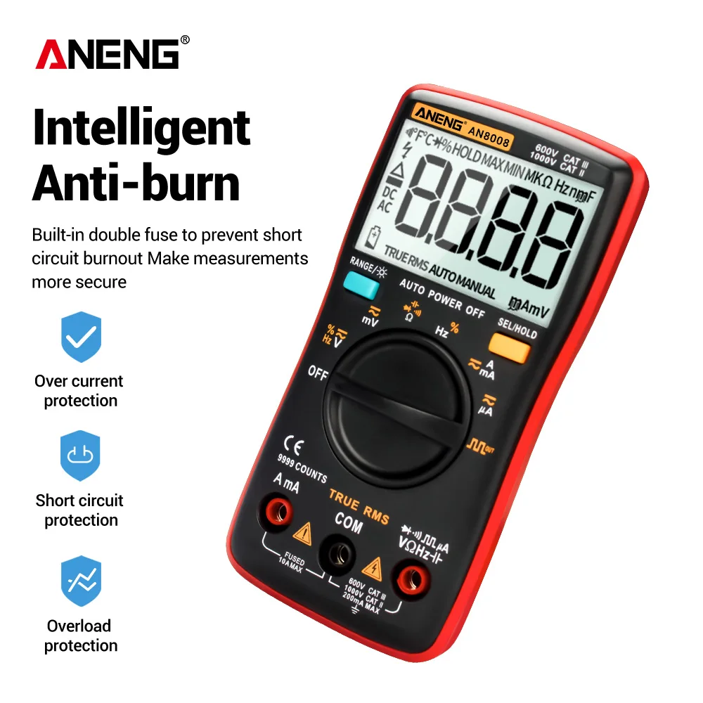 Digital Multimeter AN8008 9999 Counts Transistor True RMS Tester Auto Electrical Testers Voltage capacitor Power Meters Test