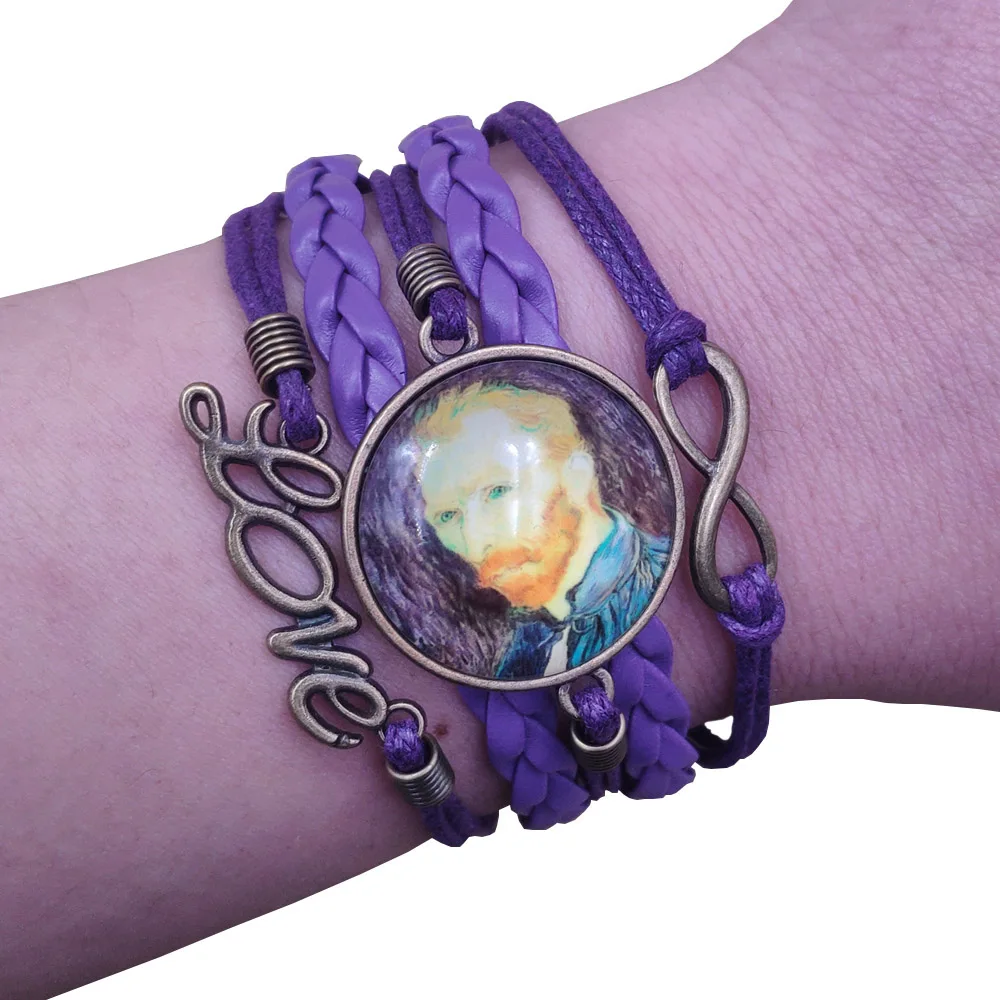 8 Styles Retro Van Gogh Sunflower Starry Sky Famous Paintings Multilayer Ancient Leather Bracelet Punk Time Gem Women  AT217-224