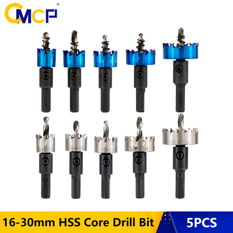 

CMCP 5pcs 16/18.5/20/25/30mm Carbide Tip Drill Bit Hole Saw Nano Blue Coated HSS Core Drill Bit For Wood/Metal Working Hole Cut