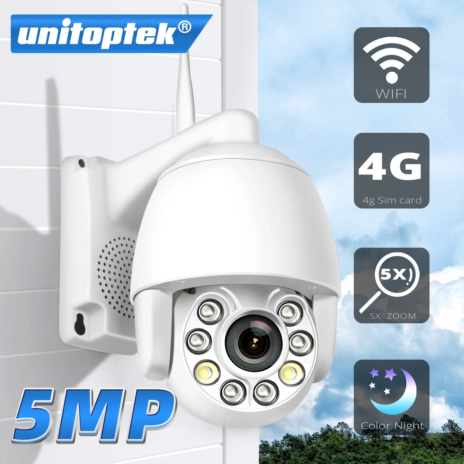 PTZ WIFI IP Camera Outdoor HD 5MP 4G Sim Card AI Auto Tracking CCTV 5X Zoom Mini PTZ Dome Wireless Camera Two Way Audio CamHi