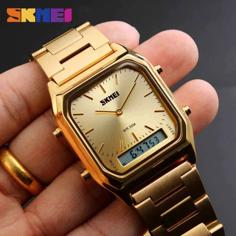 

SKMEI Men Golden Dual Display Sport Watches Men's Digital Dual Time Chronograph Gold Luxury Quartz Watch relogio masculino 1220