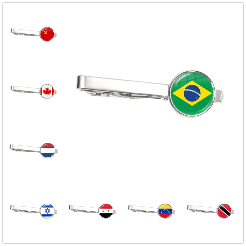 National Flag Glass Cabochon Tie Clip Soviet Union,Brazil,Canada,Netherlands,Israel,Syria,Venezuela Ornaments for Male Gentleman