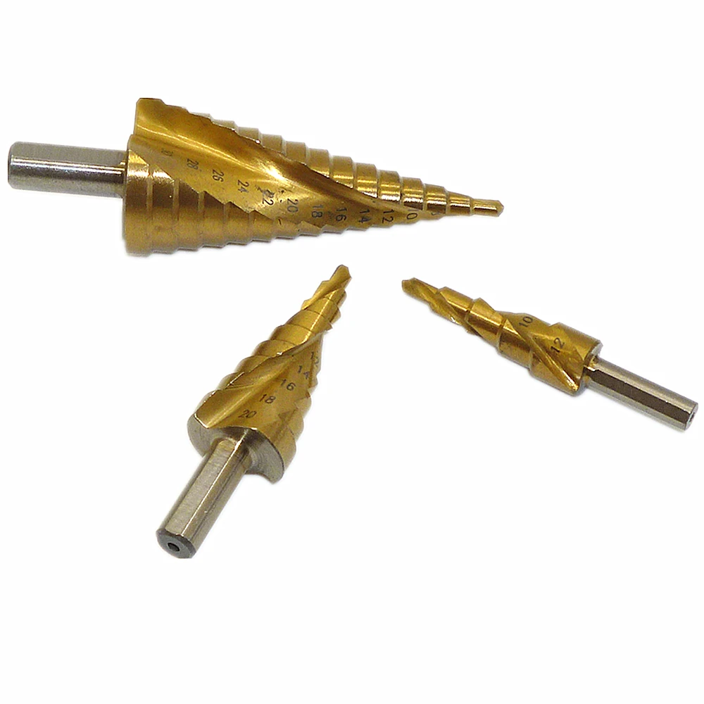 HSS Step Cone Drill Titanium Coated Hole Cutter Bit 4-12mm 4-20mm 4-32mm Spiral Grooved Center Drill Bit Triangle Shank 3pc Set