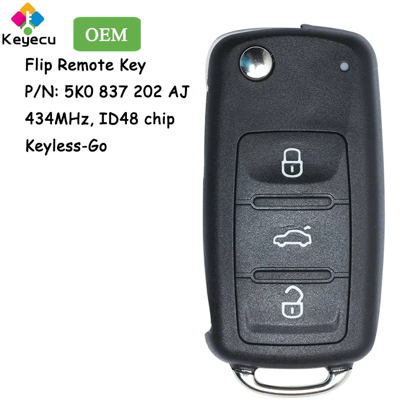 

KEYECU Keyless Go Flip Remote Car Key With 3 Buttons 434MHz ID48 Chip for Volkswagen Toureg Golf Beetle Polo Fob 5K0 837 202 AJ