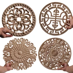 Exquisite Classical Carved Floral Rose Wooden Home Decoration Cabinet Frame Wood Applique Round Flower Decal Onlay Figurines