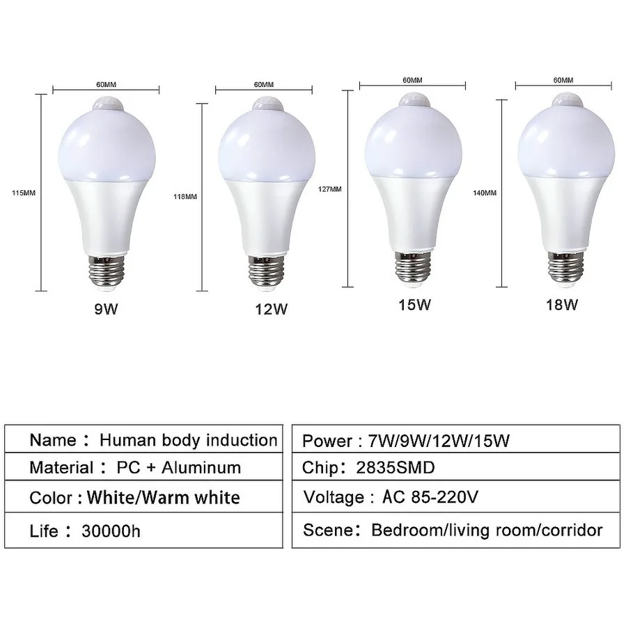 6 PCS 9W 12W15W LED PIR 모션 센서 전구 E27 스마트 전구 감지기 센서 램프, 홈 베란다 마당 차고 조명