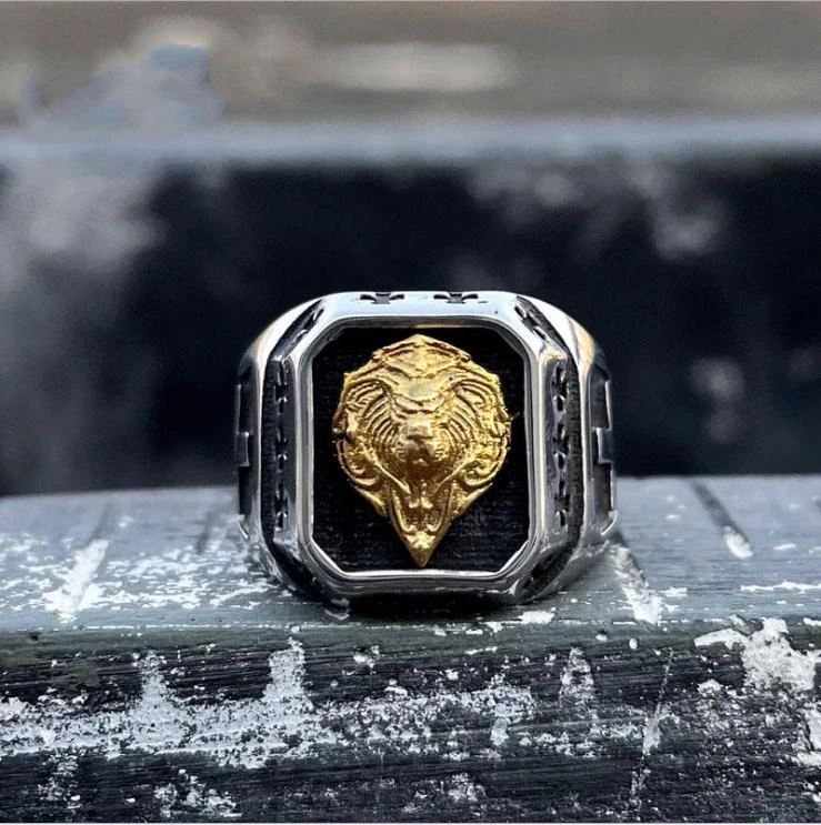 Stainless Steel Gold-Plated Lion Head Men's Ring Domineering Individual Locomotive Rings