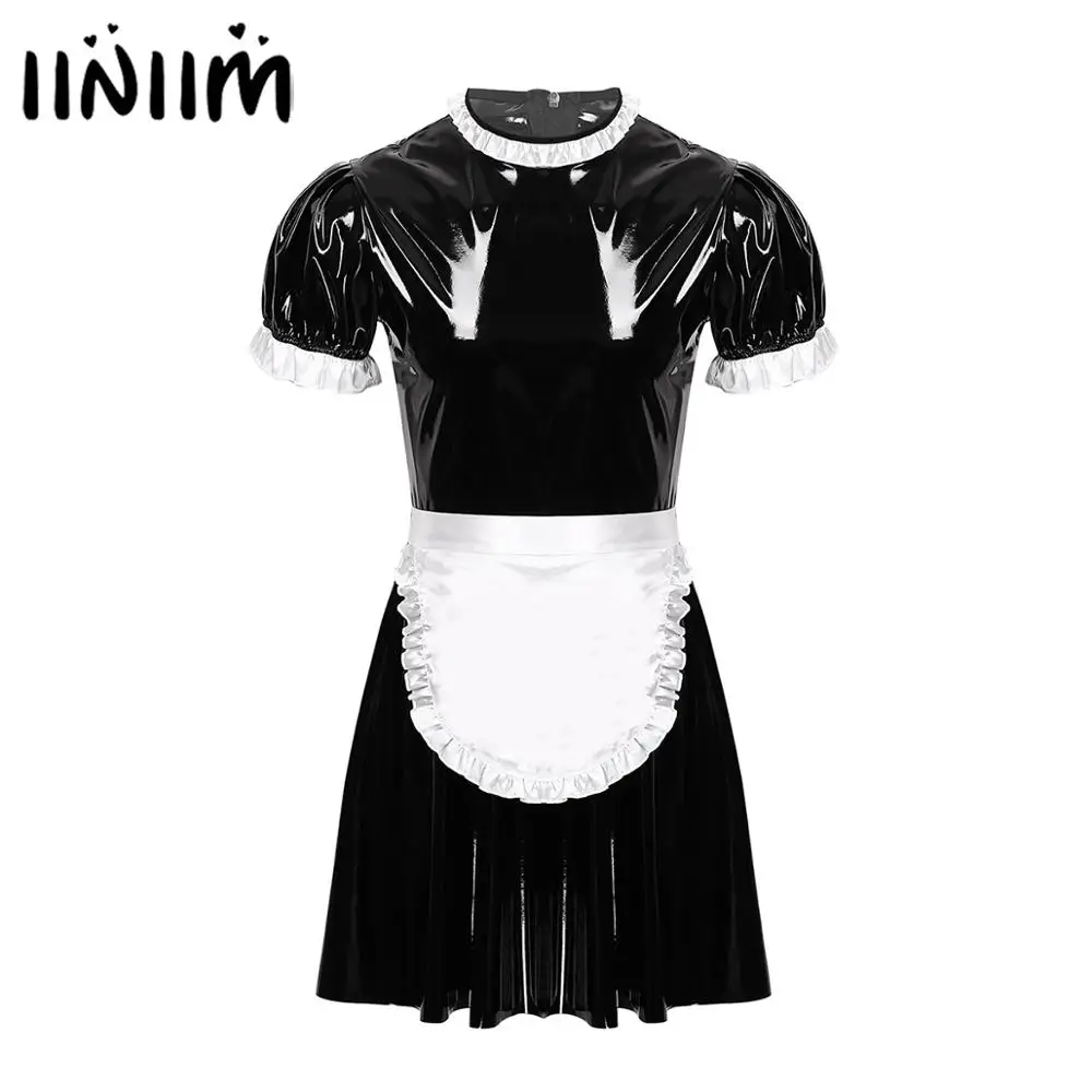 Mens Male Sissy Maid Dress Sexy Cosplay Costume Clubwear Puff Sleeve Wetlook Latex Maid Servant Uniform Flared Dress with Apron