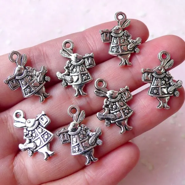 15pcs Alice in Wonderland Rabbit Bunny Charms 14mm x 20mm / Tibetan Silver / 2 Sided) Bookmark Charm Bracelet Wine Glass Charm