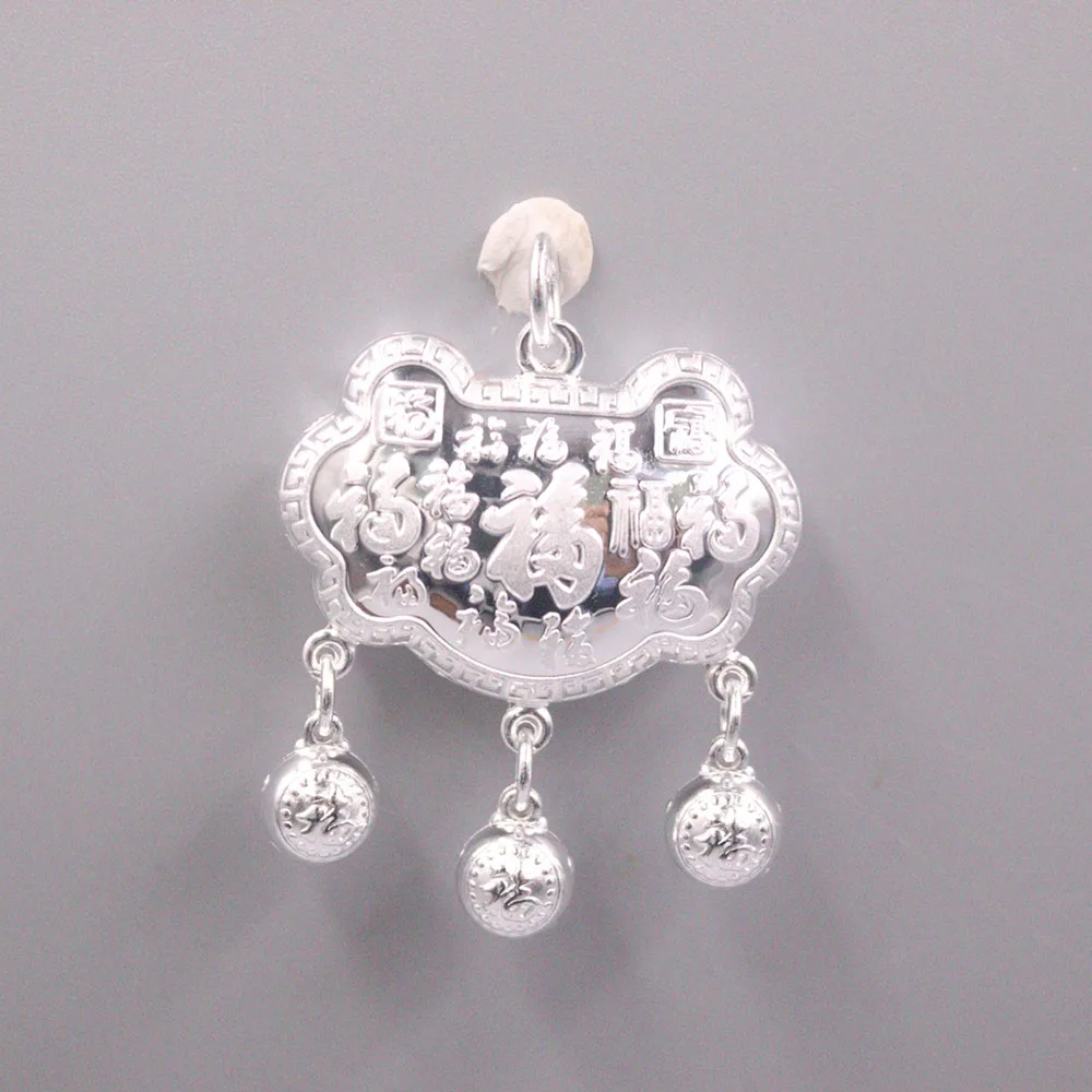 

Fine Pure Sterling Silver S999 Pendant Women Fu Tassels Fu Ball Lock Figure Pendant 35mm 9-10g