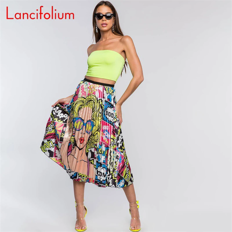 Graphic Print Pleated Skirt Women 2020 Summer Plus Size Sexy Skirt Boho High Waist Midi Skirt Streetwear Cute Faldas Mujer
