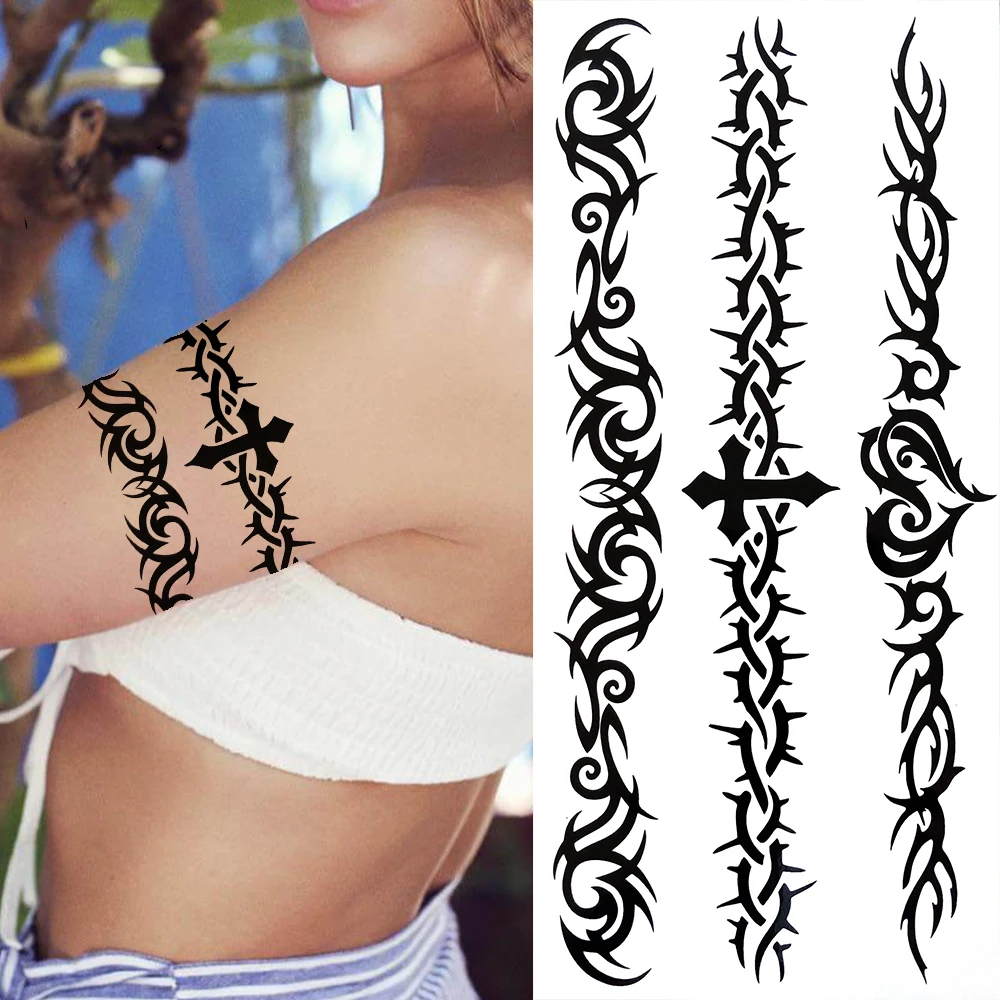 DIY Totem Temporary Tattoos For Women Adults Men Bramble Heart Cross Tribal Fake Tattoo Sticker Thigh Transfer Tatoo Arm Armband