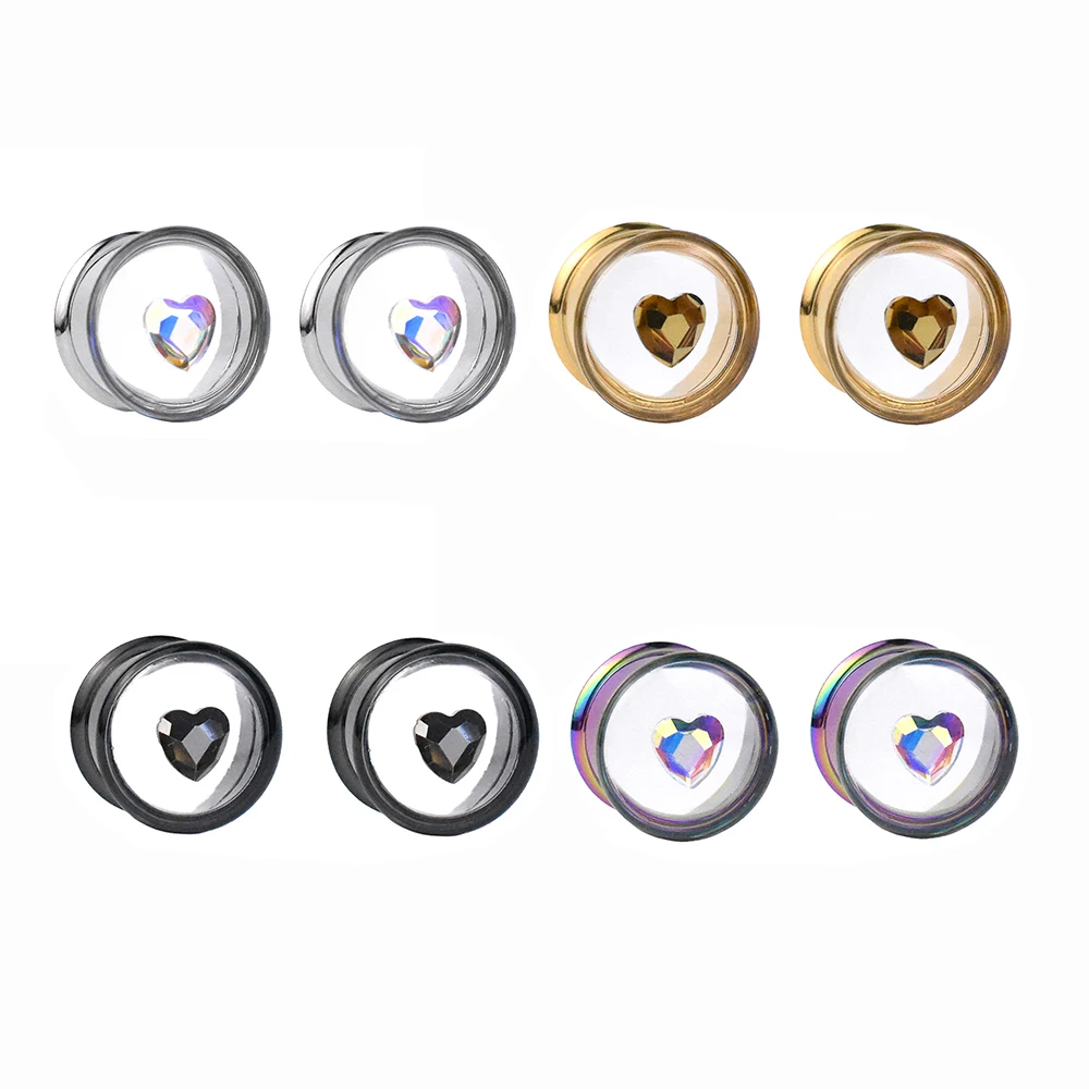 Heart-shaped Crystal Ear Tunnels Stretching Kit Steel Screwed Flesh Expander Earring Gauges with Double Flared 8-25mm