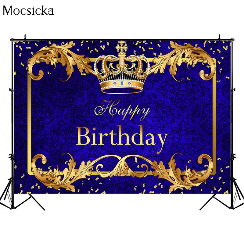 Mocsicka Happy Birthday Backdrop Royal Boy Theme Little Prince Crown Birthday Background Party Decorative Prop Photobooth Banner