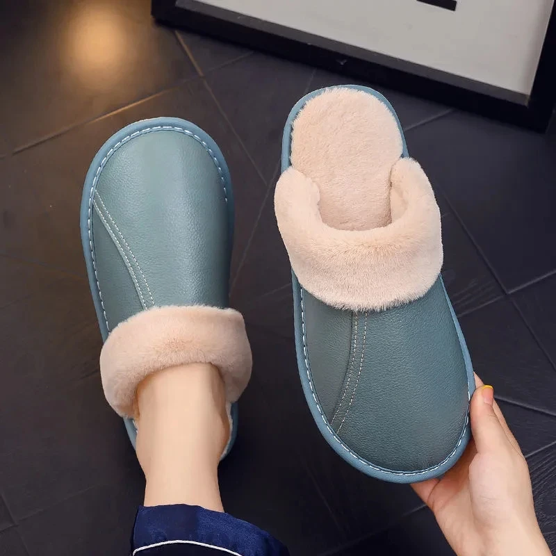 Brand genuine leather house shoes for womens slippers furry slides female indoor warm slippers