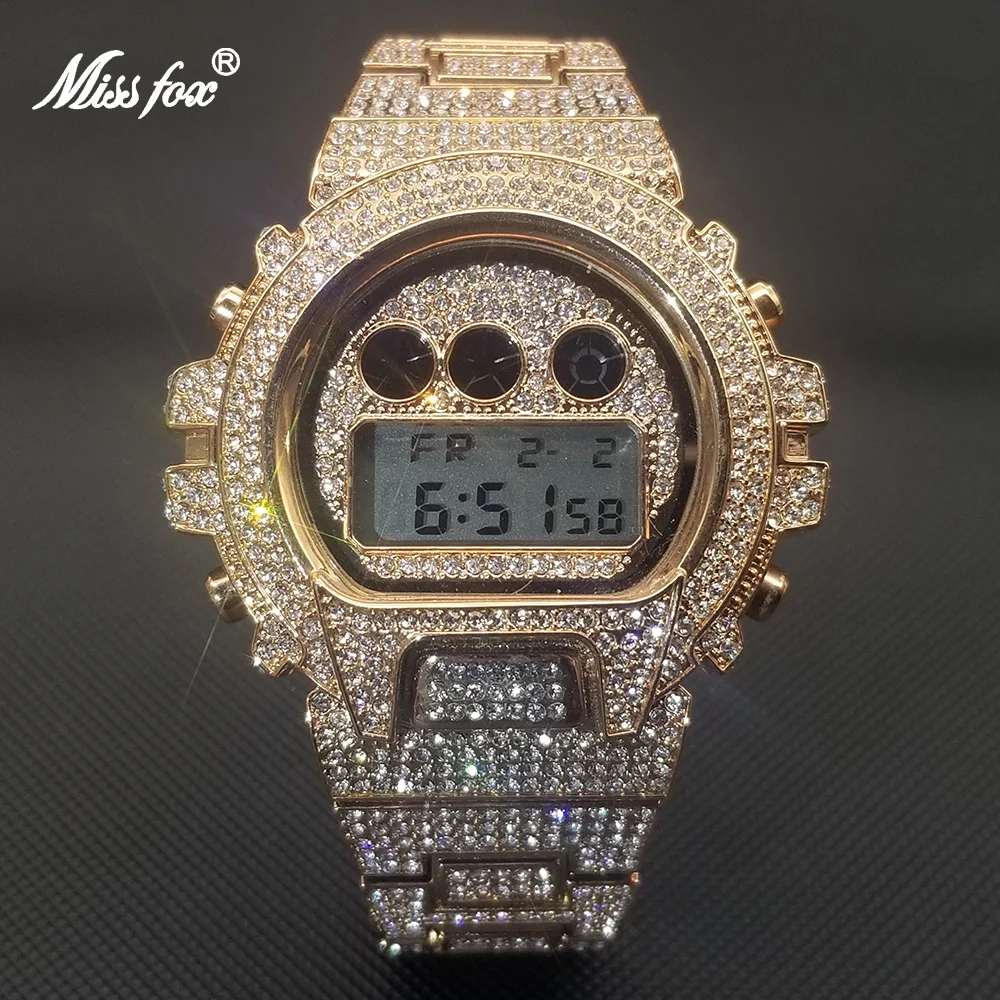 

MISSFOX Hip Hop Fully Iced Out Men Watches Digital Luxury Diamond Chronograph Wristwatch AAA Classic Stainless Steel Clock 2021