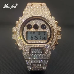 Missfox hip hop totalmente congelado para fora relógios masculinos digital luxo diamante cronógrafo relógio de pulso aaa clássico aço inoxidável 2021