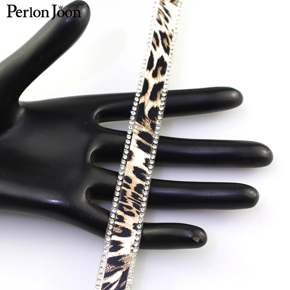 1 yard Leopard Python printing Leather hot fix tape ribbon crystal rhinestone decoration iron on shoes clothing accessories