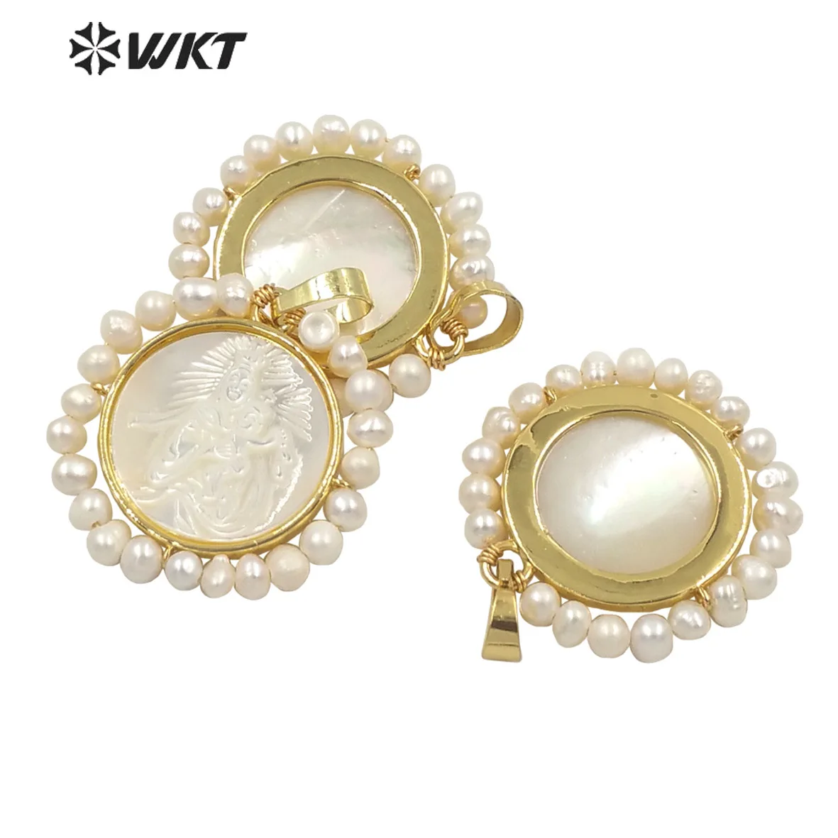 WT-JP262 Amazing Fashion Handmade Wire Wrapped Tiny Pearl Charm Shell Pendant Gold Bezel Jesus Religious white shell pendants