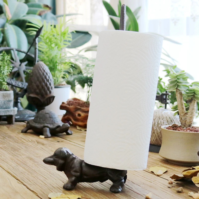 Rustic Cast Iron Dog Paper Towel Holder Metal Dachshund TP Roll Toilet Tissue Holder Paper Towel Rack Dog Kitchen Bathroom Decor