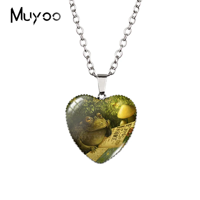 2021 New Vintage Fairy Stories Girls and Frogs Mushroom Oil Paintings Glass Cabochon Heart Pendants Handcraft Necklace HZ3