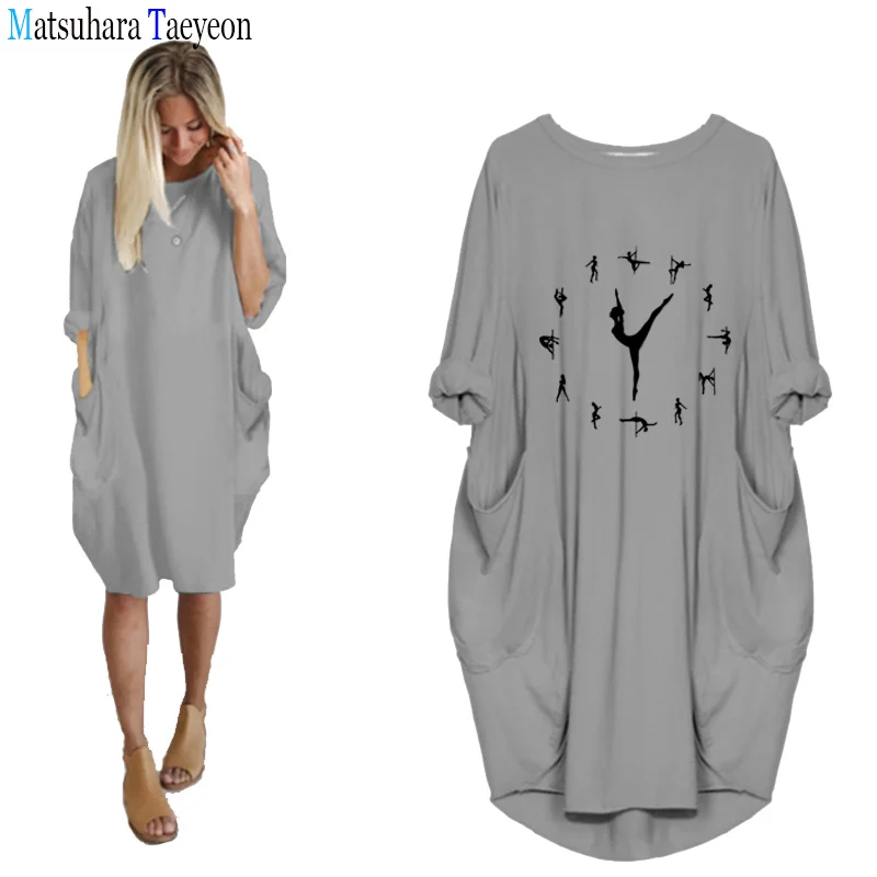 Women Dress Autumn Long Sleeve Dresses For Women Dancers Sexy Dancing Casual O Neck Pocket Loose Vestidos Femme Robe Oversized