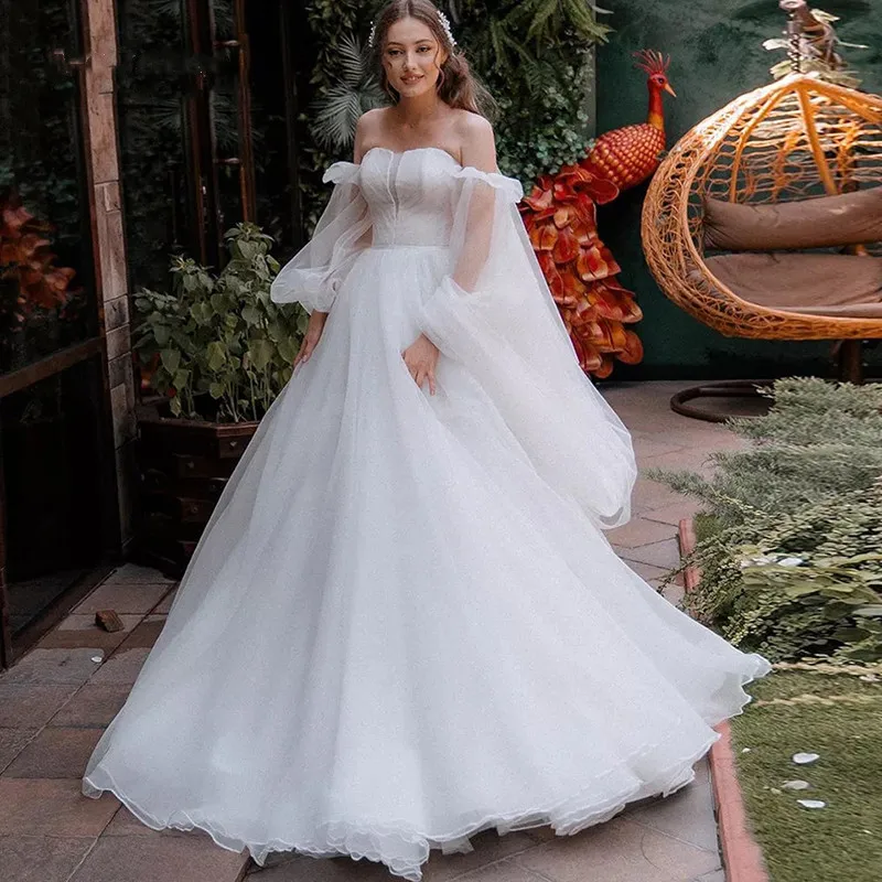 Gaun pernikahan tanpa tali putri 2024 Puff lengan panjang Off Shoulder Court Train Vestido De Noiva Organza gaun pengantin sederhana