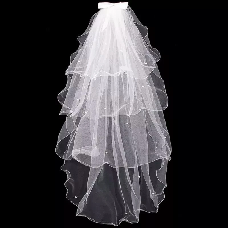 Tulle Wedding Dress Veils White Bowknot Bridal Multi Layer Hair Veil Comb Faux Pearls Bride Fairy Marriage Accessories