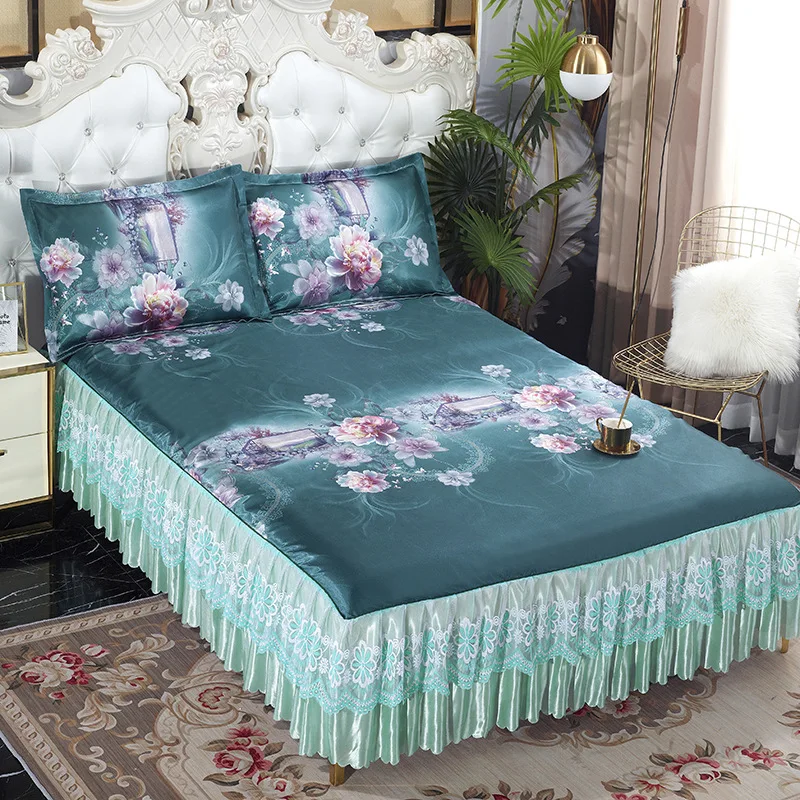 1pc  Bed Skirt +2pcs Pillowcases New Arrival Summer Ice Silk Bed Skirt King Queen Size Soft and Cool Bedspread