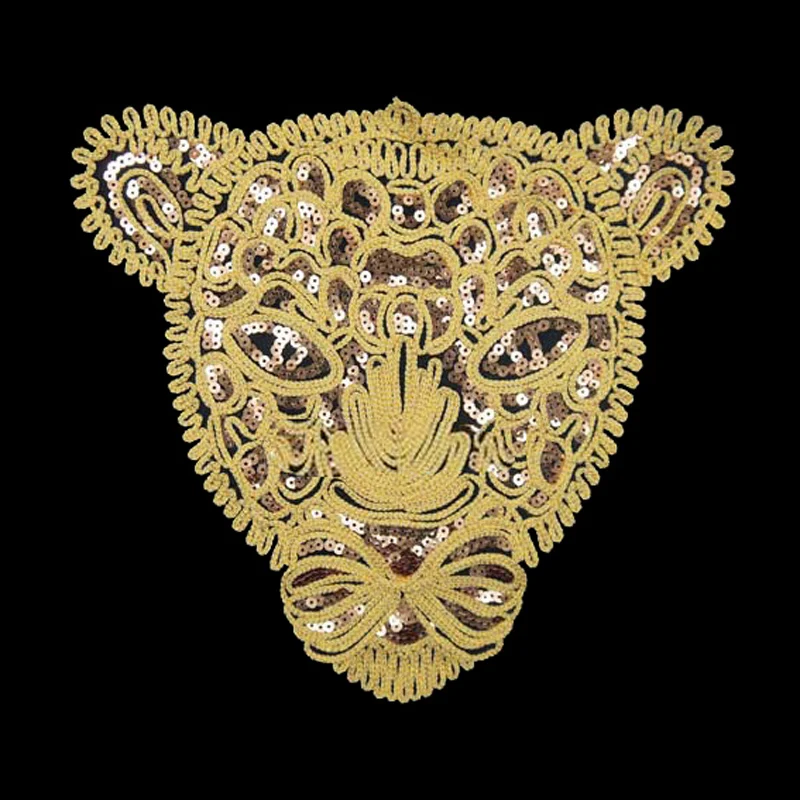 New Large Gold Sequins Leopard Head Patch DIY Clothes Patches For Clothing Sew-on Embroidered Tiger Motif Applique Crafts