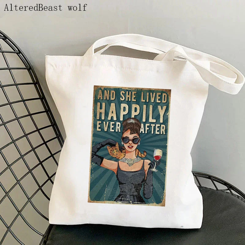 Women Shopper bag And She Lived Happily Ever After – Girl Love Wine And Cat Bag Harajuku Shopping girl Tote Shoulder Lady Bag