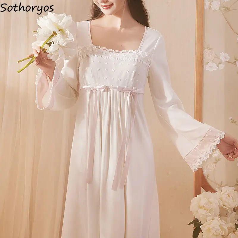 Women White Nightgowns Fairy Long Sleeve Square Collar Sleepshirts Ribbons Sweet Lace Over Knees Lounge Temperament Nightdress