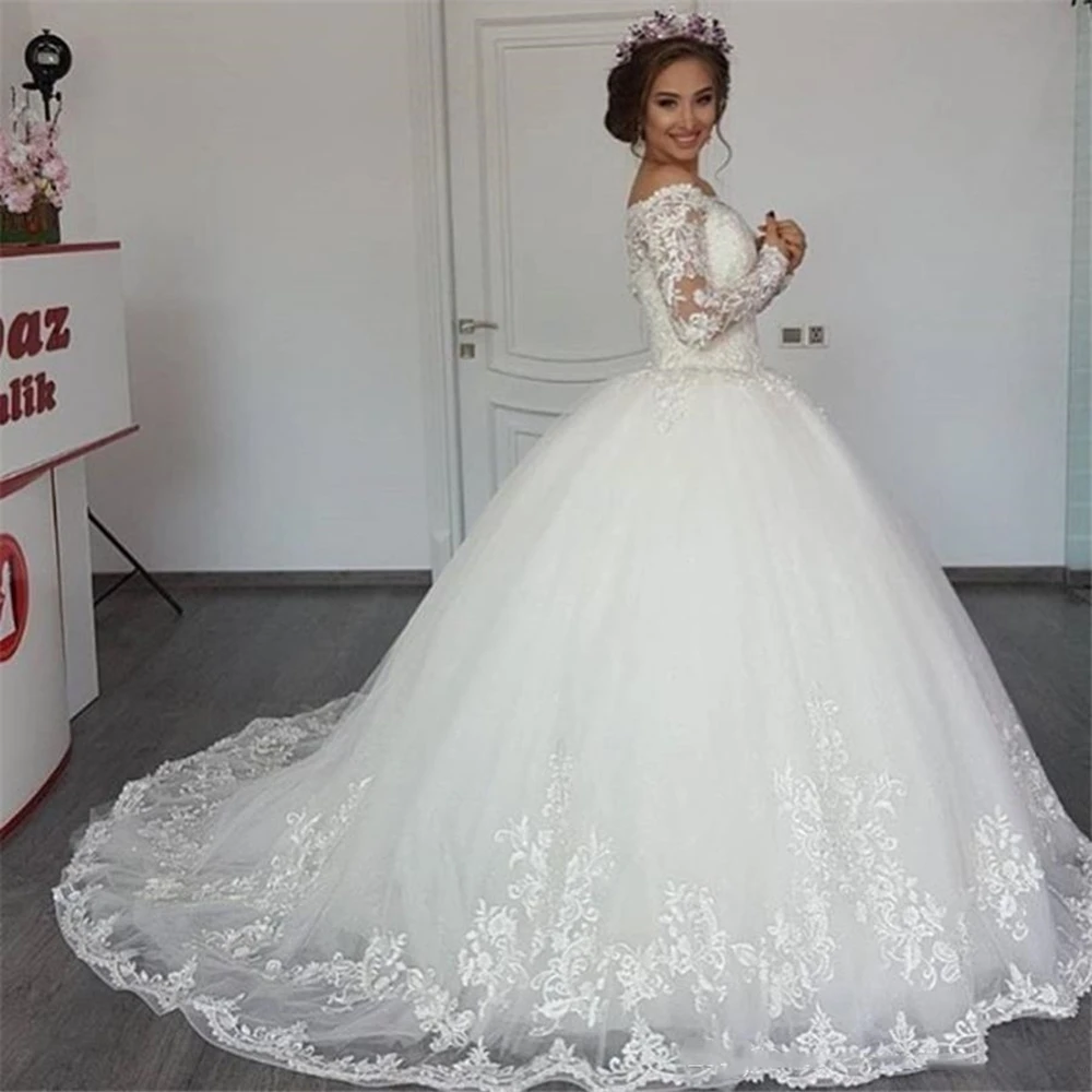 Elegante vestido de fiesta sin hombro vestidos de novia modestos manga larga con apliques vestido de novia con tul