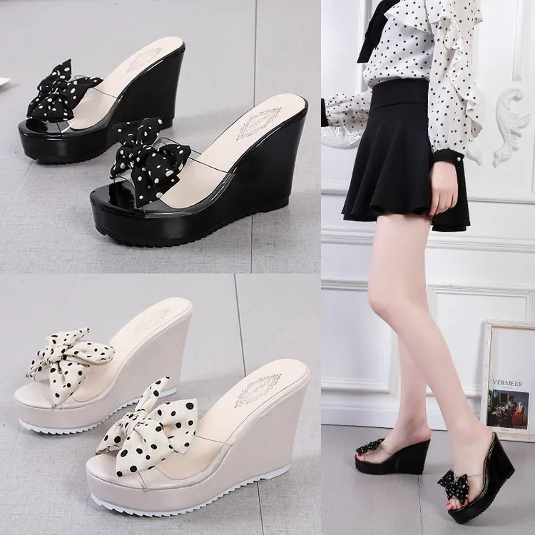 Polka Dot Woman Summer Wedge Comfortable Sandals Platform Ladies Bow Knot Peep Toe Platform Wedges Shoes Slipper