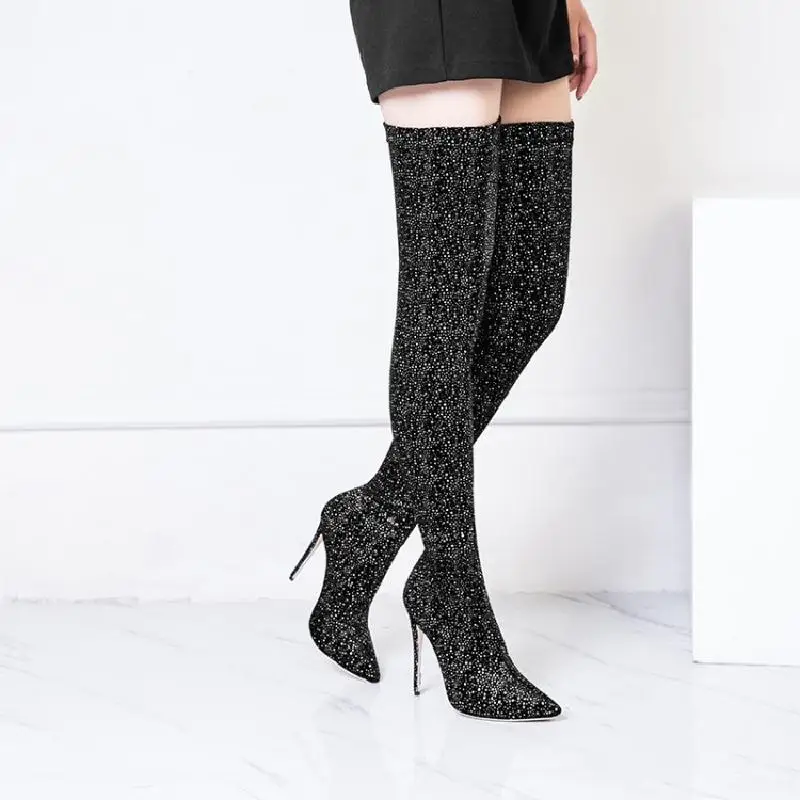 

Women High Heels Fashion Long Boots Super Thin Heels 12cm Over The Knee Boots Sequined Cloth Thigh Stretch Boot Botas Mujer Shoe