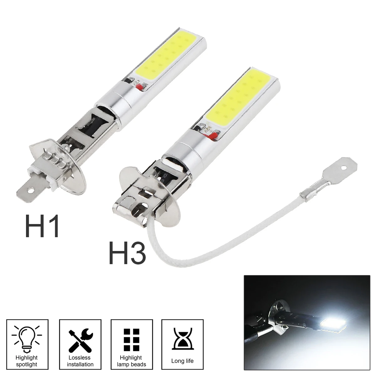 H1/H3 Canbus Super Bright LED Bulb White Car Fog Light Headlight COB 12V 20W 6000K Running Light Bulb Auto Motorcycle Lamps