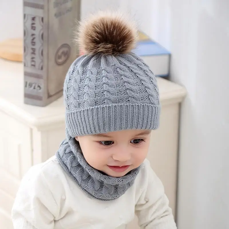 Chapeau avec pompon chaud pour enfants, 1 pièce, décoration en boule, coupe-vent, tricot d\'hiver, bonnet avec écharpe pour le cou, accessoires pour