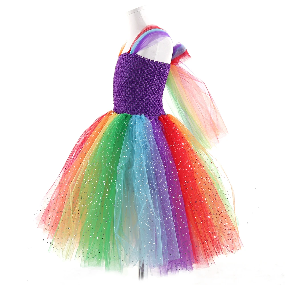 POSH DREAM Bright Rainbow Unicorn Dresses Flower Bright Blue Children Kids Tutu Dresses Handmade Tulle Unicorn Cartoon Costumes