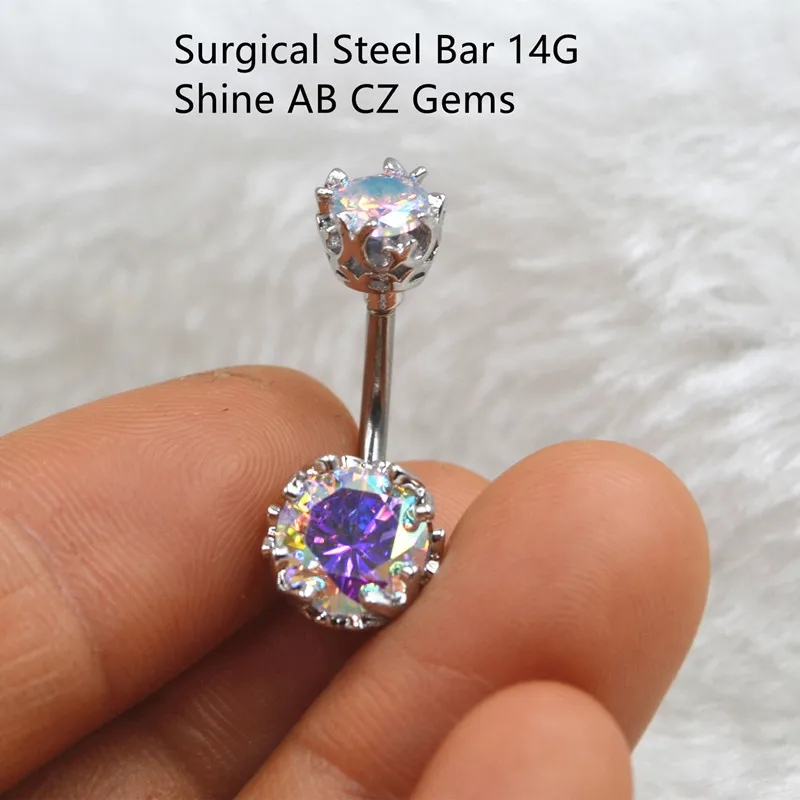 10PCS Surgical Steel Bar CZ Navel Belly Ring Button Bar Crown Navel Rings Body Piercing Jewelry 14G Sliver/Gold/Rose Gold Hot