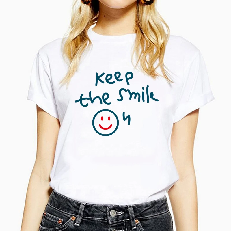 Keep the smile Women t shirt Summer Short Sleeve Round neck Tops Tshirt Ladies t-shirt