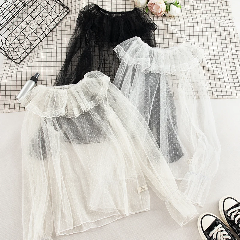 Chemise Vintage à manches évasées pour femmes, col Peter Pan, maille en dentelle à pois, fleur, gaze, à volants basiques, nouveau pull Slim élastique