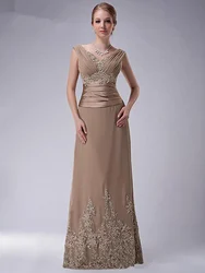 Caqui vintage mãe da noiva vestidos com decote em v a linha sem mangas rendas apliques contas formal festa de casamento à noite vestidos de baile