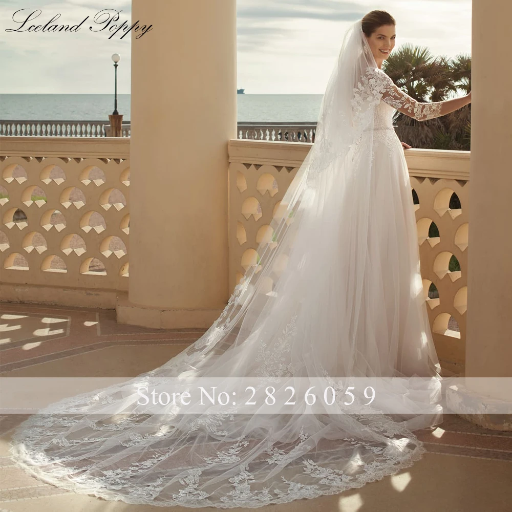 Lceland Poppy Customized A Line Scoop Neck Tulle Wedding Dresses 3/4 Sleeves Floor Length Bridal Gowns with Belt