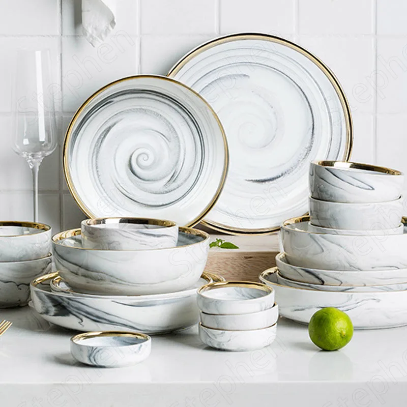 Creative Marble Texture Ceramic Plate Nordic Modern Golden Stroke Spiral Texture Dinner Set Plates and Dishes Western Tableware