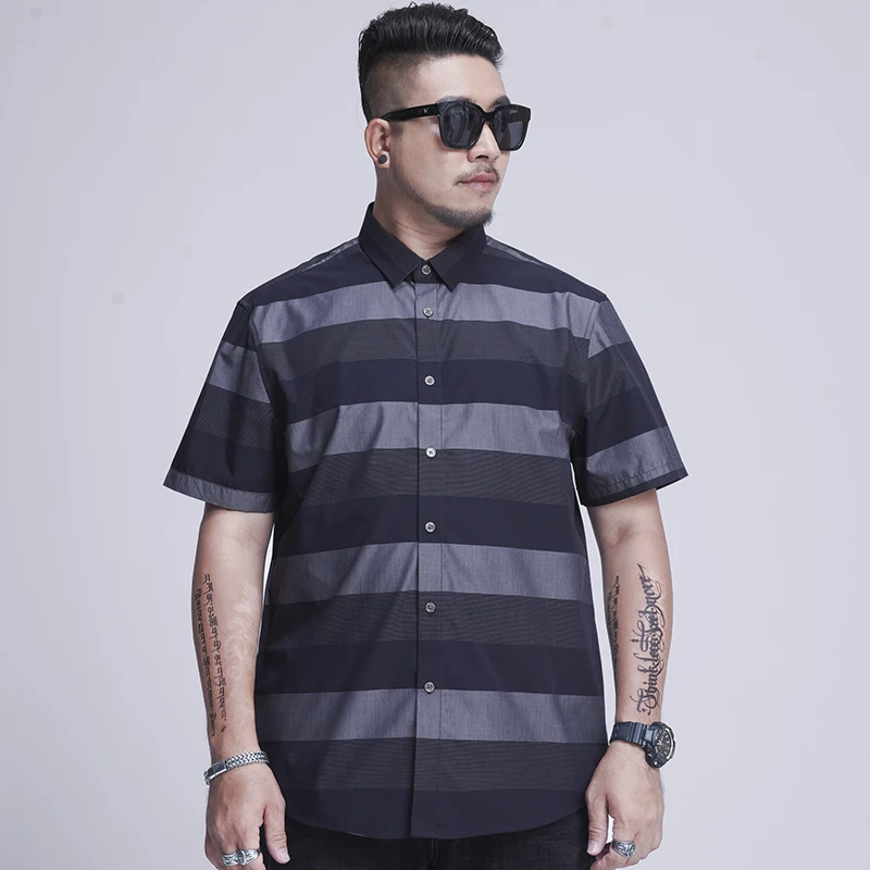 SHAN BAO High Quality Bamboo Fiber Striped Loose Short Sleeve Shirt 2022 Summer Brand Youth Men\'s Casual Shirt Navy Blue Red