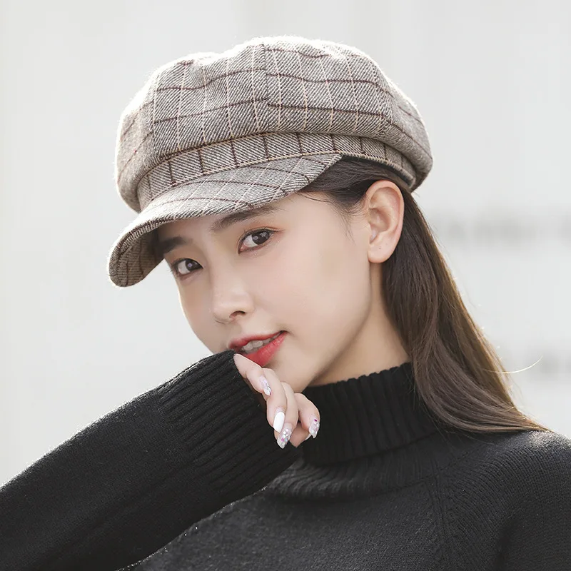 

2020 New Women's Hats Retro Plaid Cotton and Polyester Berets Autumn Fashion Octagona Hats Simple Korean Designer Cap