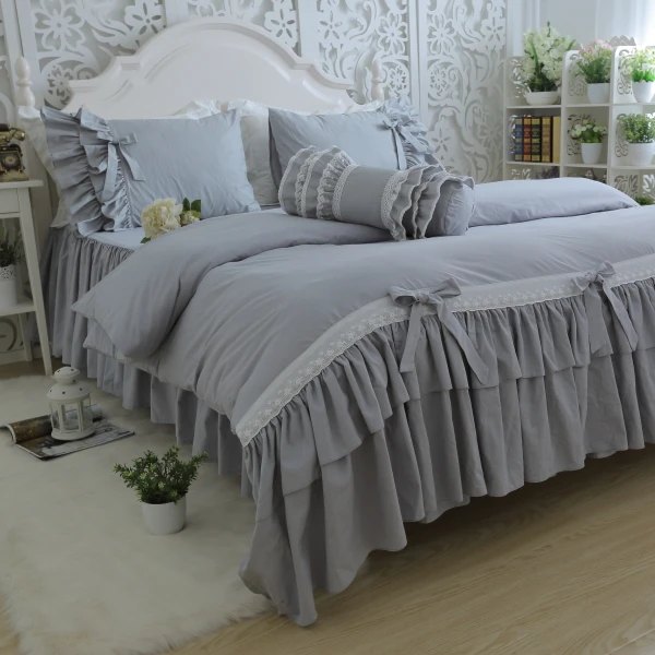 Korean cotton twill bedding set Large lotus leaf Gray bedspread embroidered lace set bowknot Luxury princess quilt cover HM-15S