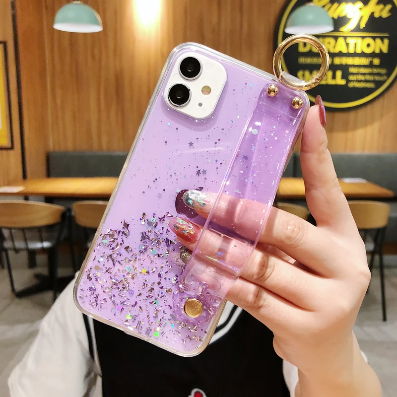 Gradient Flashing Star Phone Case For Samsung A02 Transparent Tpu Bumper Soft Cover For Samsung A 02 Wristband stand Phone Case