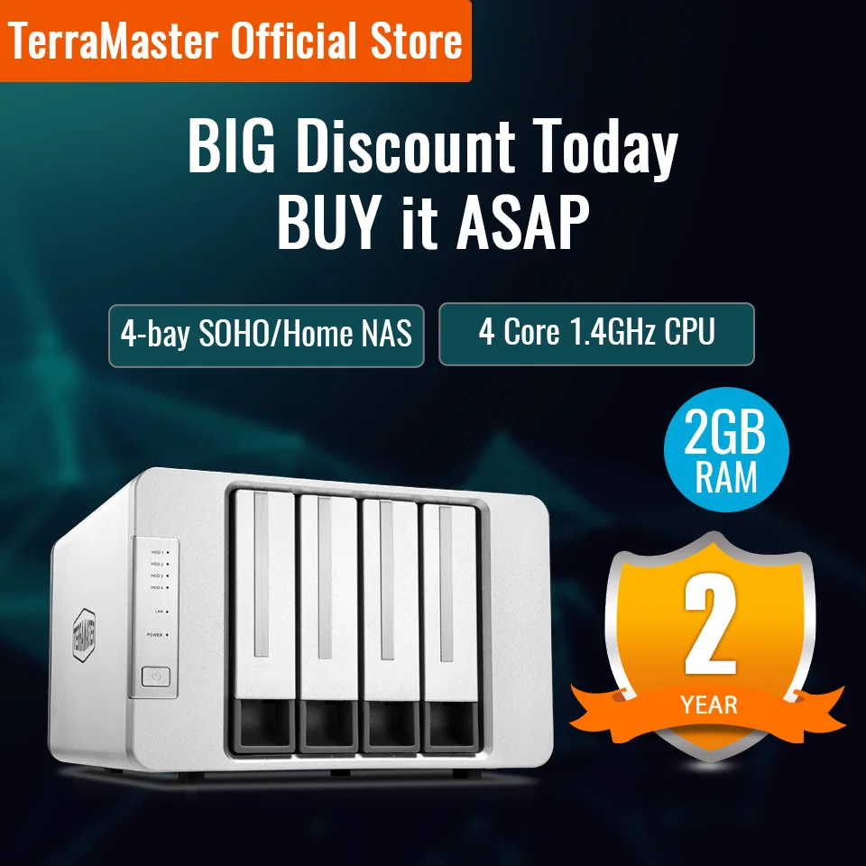 TerraMaster F4-210 4-bay NAS Quad Core 2GB RAM Network RAID Storage Media Server Personal Cloud Storage (Diskless)