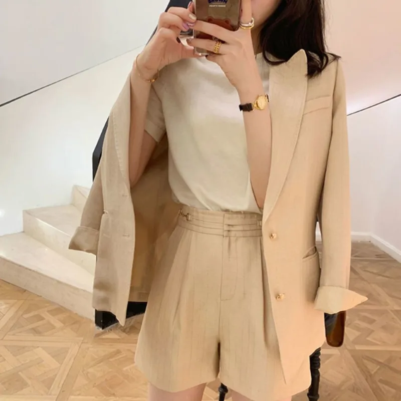 ผู้หญิงชุดลำลองแขนยาว Blazer ชุด2ชิ้นชุดกางเกงขาสั้นสุภาพสตรีชุดหญิง Office Blazers Lady High เอวกางเกงขาสั้น